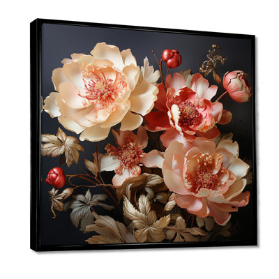 Pivoines blanches et roses en fleurs, feuilles dorées - pivoine, art mural