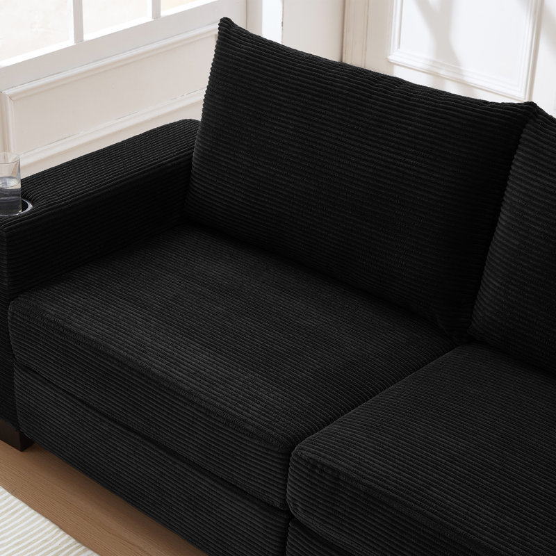 Canapé en velours côtelé de 78 po pour le salon, canapé rembourré moderne avec port USB, porte-gobelets et poche latérale