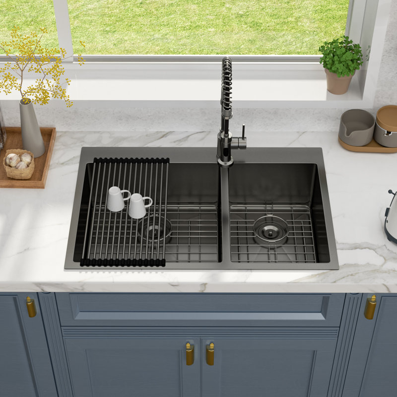 Drop-in Double Bowl  Kitchen Sink, Gunmetal Black, 60/40