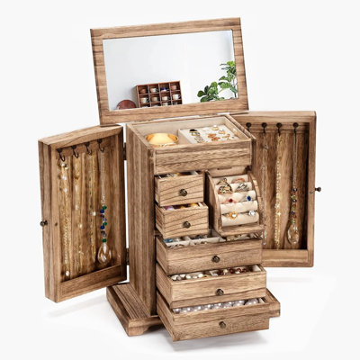 Jewelry Box For Women, 6 Layer Rustic Wooden Jewelry Boxes & Organizers With Mirror & Drawers For Rings Earrings Necklaces