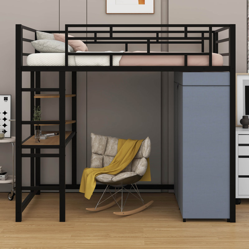 Lit mezzanine simple en métal - bureau, tablettes, prise de courant, lumière DEL et garde-robe inclus, Noir