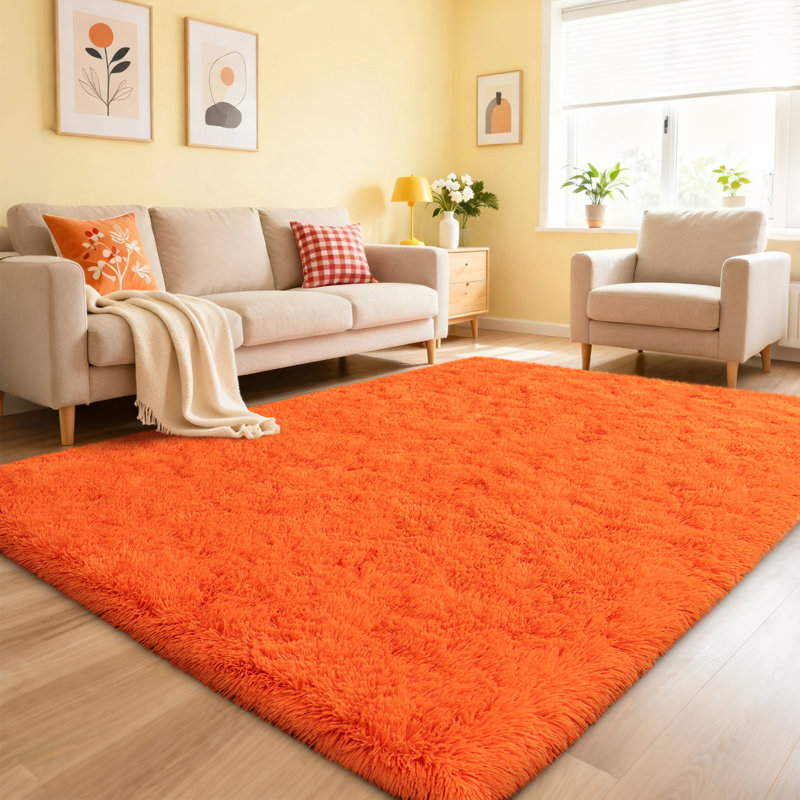 9x12 ft Shag Rugs for Living Room, Soft Orange Area Rug, Non-Slip Carpet for Bedroom Nursery Kids Play Room Dorm Office