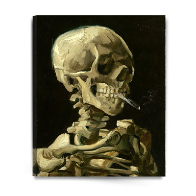 Tête d'un squelette avec une cigarette allumée. Reproductions de Vincent Van Gogh. Estampe numérique