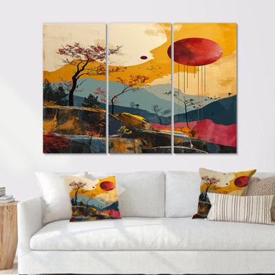 Red Moon Mountain Retro Collage - Abstract Landscape Wall Art Decor Set