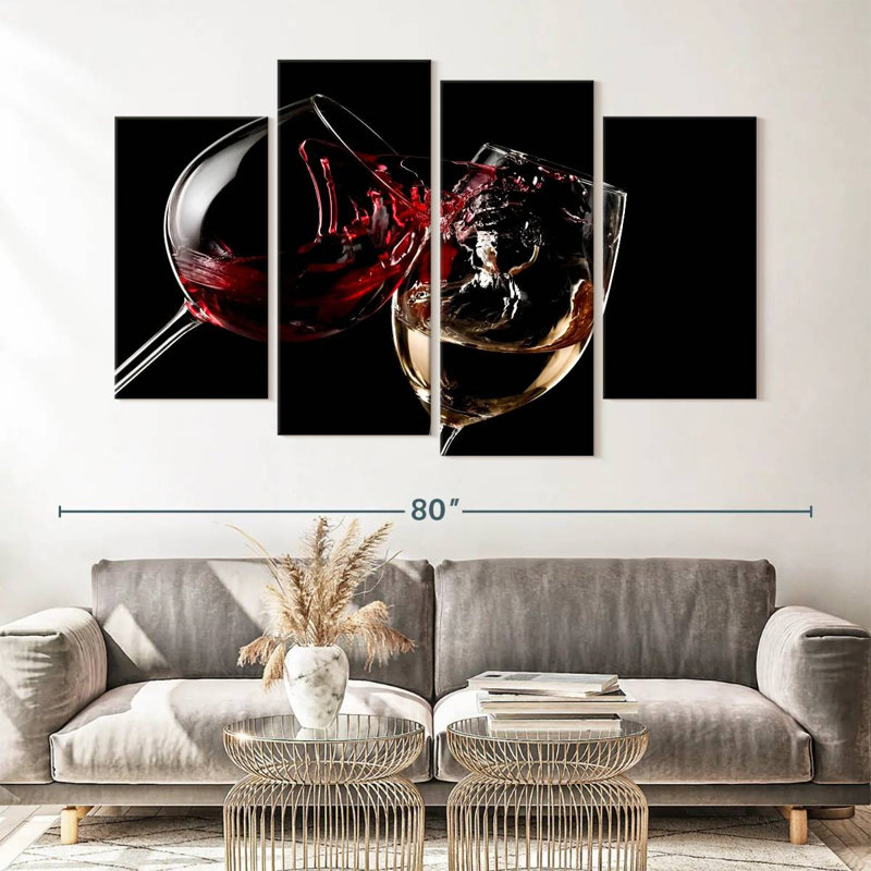 Ensemble de verres à vin rouges et blancs sur toile 4 pièces, H 42 po x l 68 po x P 1,25 po