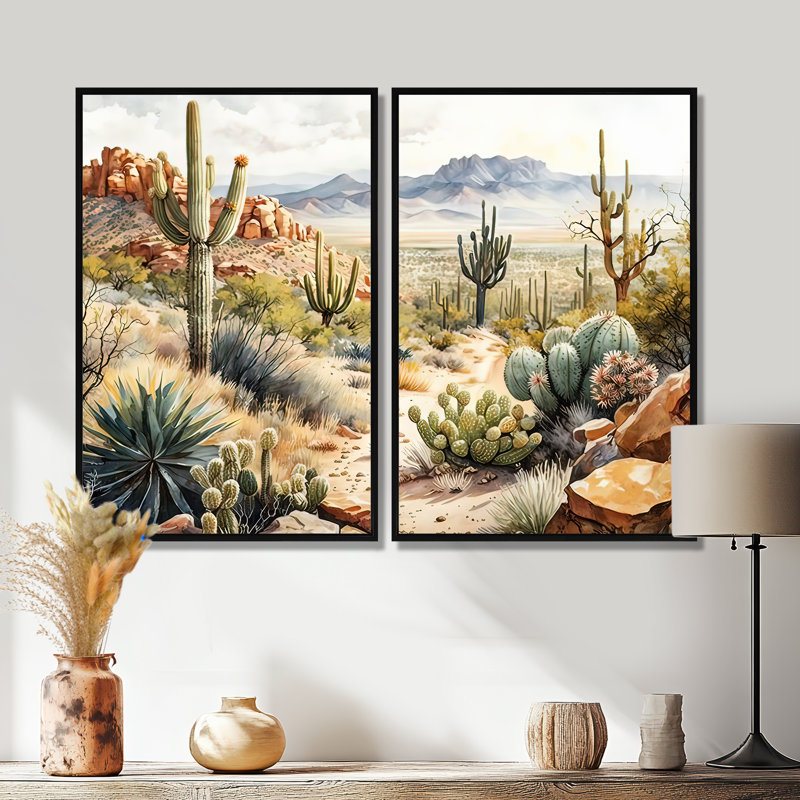Arizona Desert Cactus I - Art mural moderne vert 2 pièces, 36" H x 48" W, Framed Print without Mat, Black