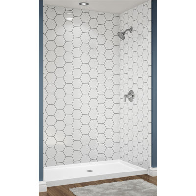 Hexagon Tile White Acrylic Alcove Shower System with Silver Grout Lines 60"W x 30"D