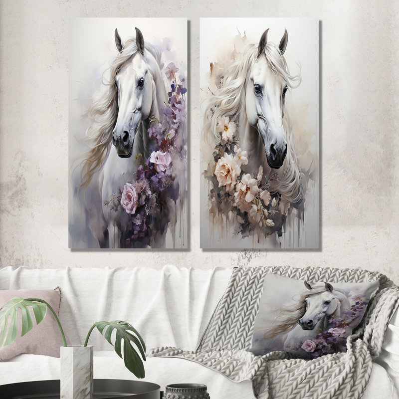 «Majestic Flower Beauty Horse», ensemble de 2 décorations murales cheval, H 28 po x l 25 po, Toile tendue