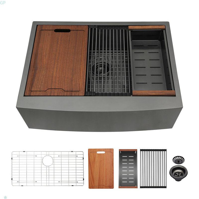 33X22x10"Farmhouse Apron Single Bowl Stainless Steel Kitchen Sink With Workstation, Black
