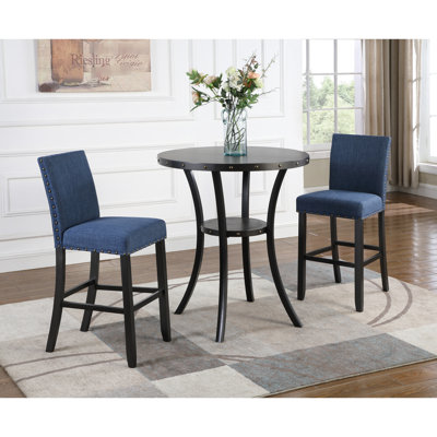 Table à hauteur de bar avec 2 chaises bleues - 3 rondes de 36 po, pieds en métal, 3 rangements supplémentaires et chaise, tissu, disponible