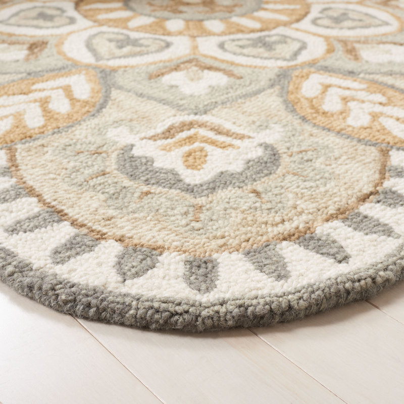 Novelty Fraida Hand Tufted Wool And Cotton With Latex Floral Rug, Round 7', Ivory/Beige