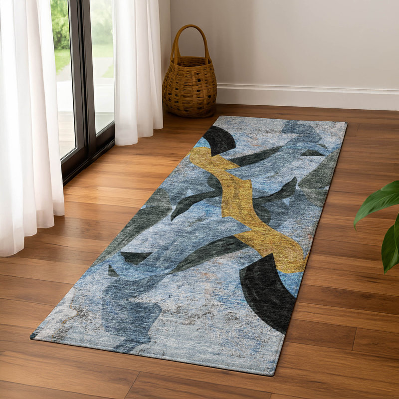 Premium Machine Washable Mayfield AMF2191 abstract Rug, 2'3" x 7'6" Runner, Denim