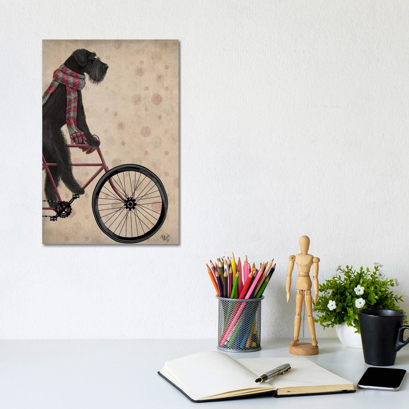 Schnauzer On Bicycle, Black by Fab Funky - Wrapped Canvas Painting, 20.32 cm H x 30.48 cm W
