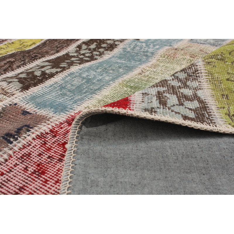 Tapis unique en laine noué à la main bleu / gris / jaune des années 2010 de 5 pi 7 po x 7 pi 8 po Kametra