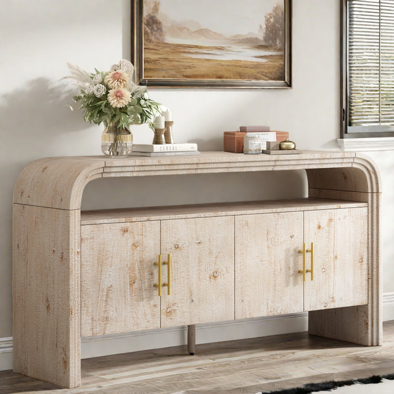 4-door Elegant Console Table With Natural Embossed Texture, Curved Edge And Metal Handles, Natural Wood