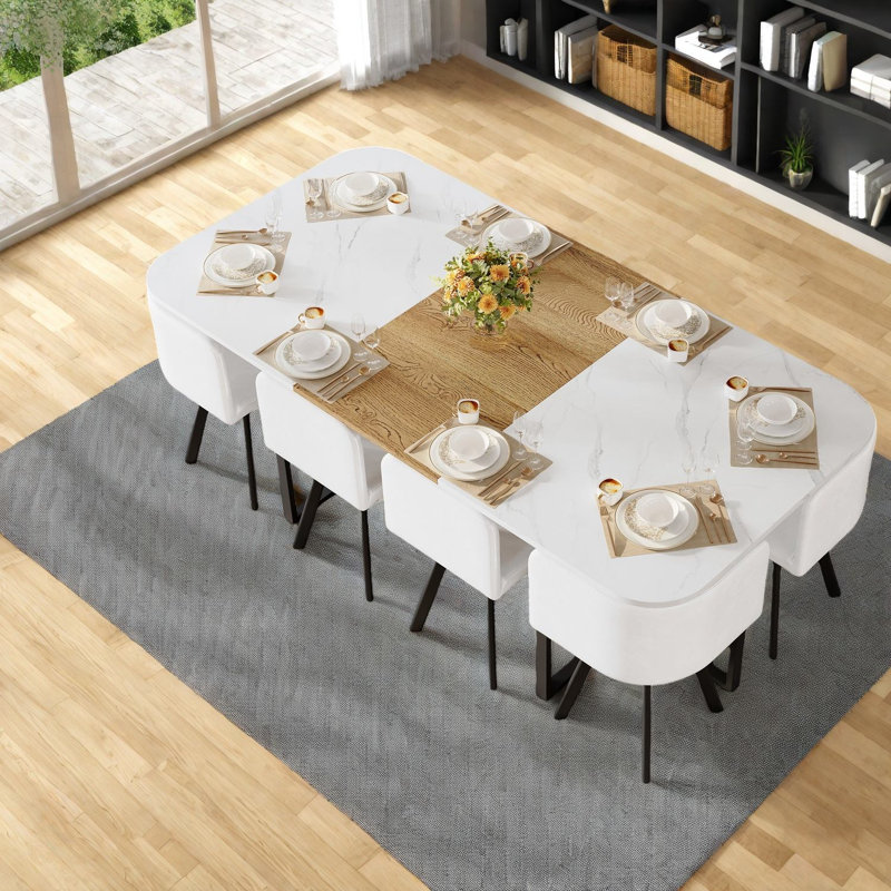 Ensemble de table de salle à manger moderne carré 9 pièces en faux marbre et bois blanc