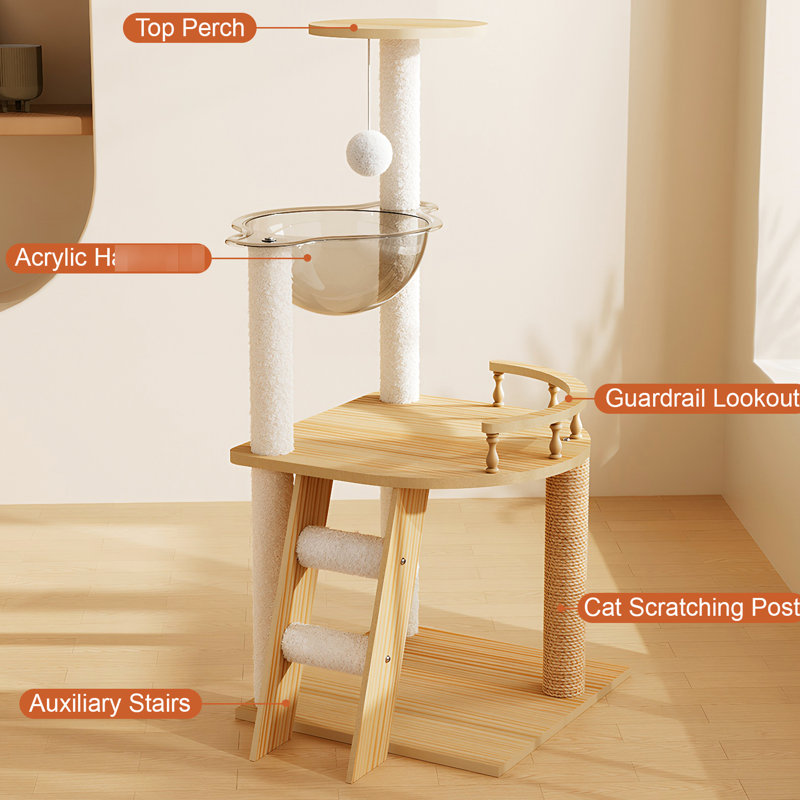 Tour à chat moderne, tour à chat en bois pour chats d'intérieur, arbre à chat avec poteaux à griffer et perchoir supérieur recouverts de sisal, maisonnette pour chat avec hamac en acrylique pour petits chats
