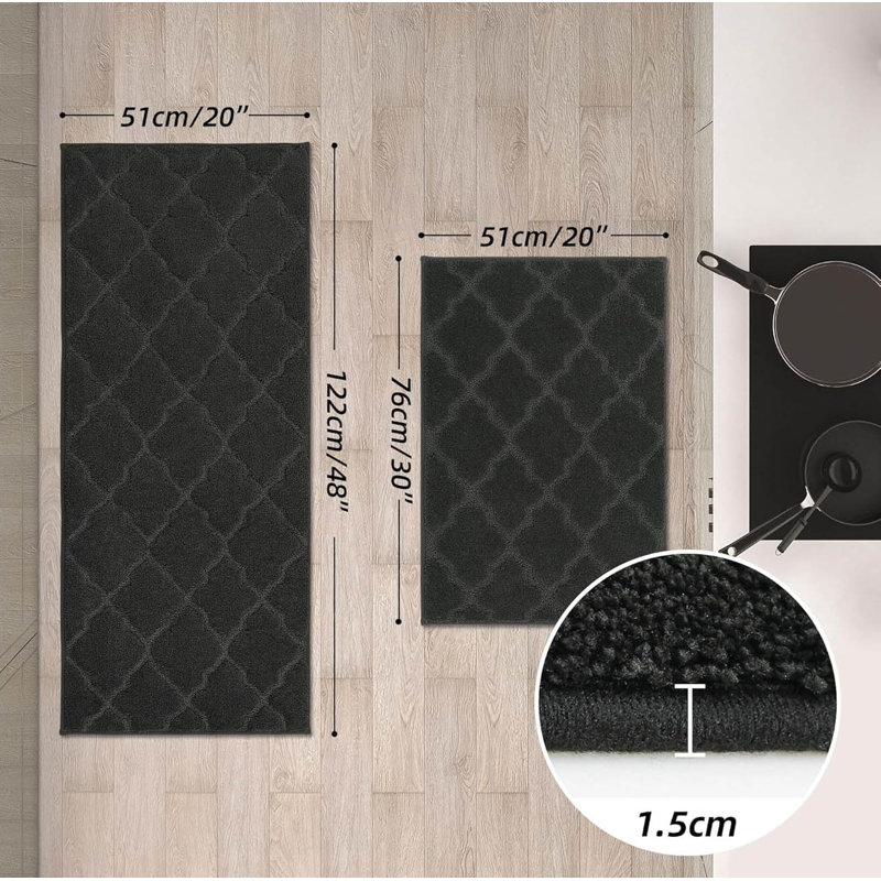 Nonslip Kitchen Rug Set 2 Pack, 51X76cm+51X122cm, Black