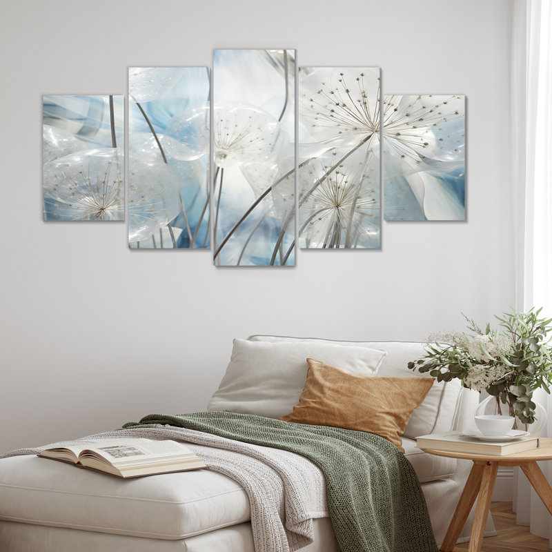 Sparkling Silver Dandelion Dreams I - Pissenlit, art mural pour le salon, 5 pièces