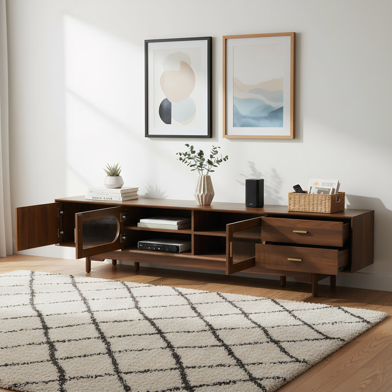 78.7" Tv Stand For Tvs Up To 85", Walnut Entertainment Center With Fluted Glass Doors, Modern Tv Media With Solid Wood Legs For Living Room