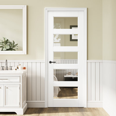 Dalle de porte française en verre transparent de 30 po x 80 po, porte intérieure en verre transparent à 5 panneaux à finition blanche et à peindre, panneau de porte sans trou ou charnières, comme porte de grange ou porte prémontée ou porte de poche ou dalle de porte française pour garde-manger, Porte de buanderie, porte de chambre à coucher