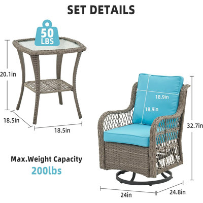 Ensemble bistro 3 pièces pour l'extérieur en osier - Mobilier de conversation toutes saisons pour porche, terrasse, bord de piscine avec chaises berçantes pivotantes et table d'appoint en verre trempé