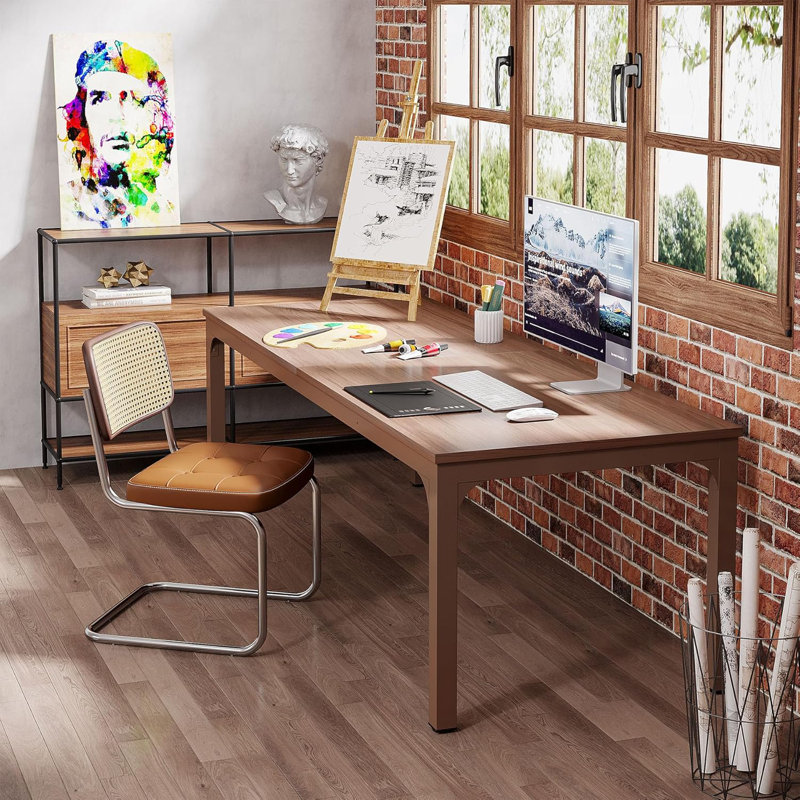 200cm W Metal Base Computer Desk, Coffee Brown, Coffee Brown