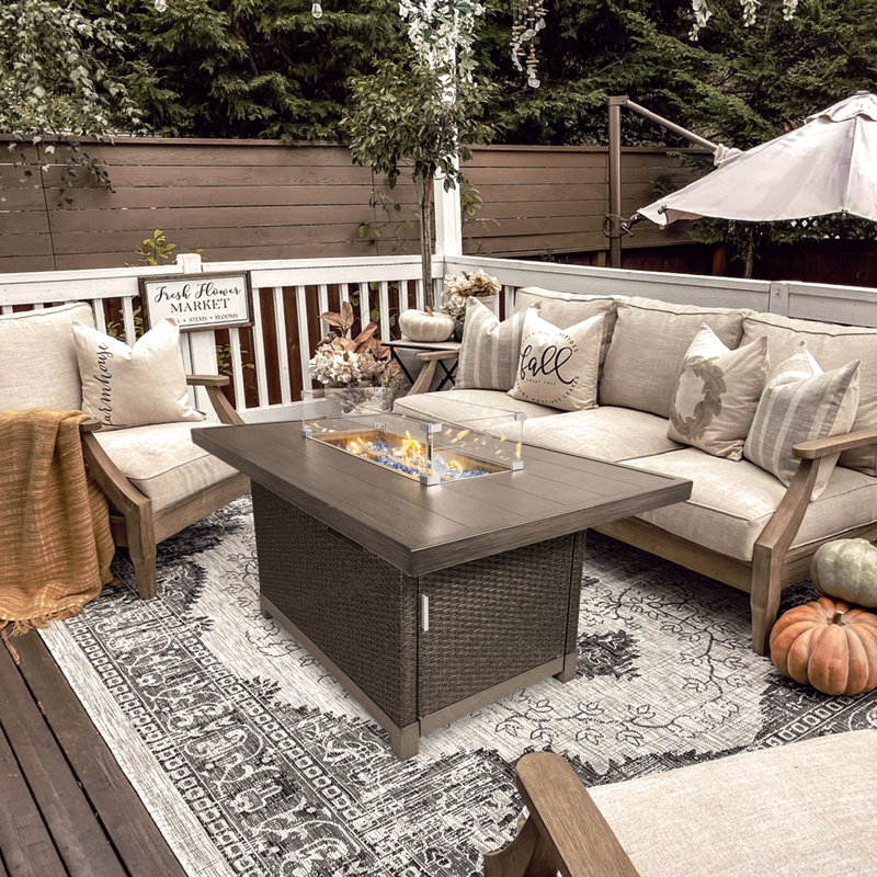 52" L x 32" W Handwoven Rattan Outdoor Propane Gas Fire Pit Table with Lid