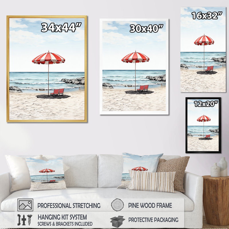 Coastal Red Beach Umbrella II - Nautique et plage, reproduction sur toile, H 32 po x l 24 po x P 1 po, Cadre naturel flottant
