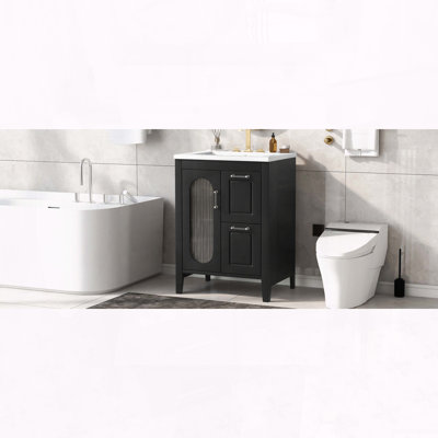 Meuble-lavabo moderne de 24 pouces avec lavabo en céramique et porte en verre Moru