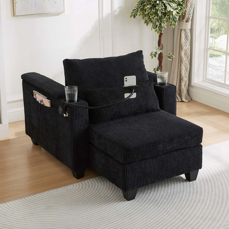 37.4" Sofa Chair Sofa Bed Corduroy Sleeper Sofa with USB Ports, Black