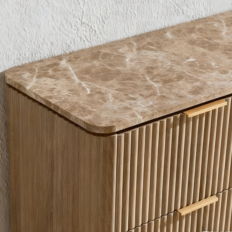  Commode cannelée l 63 po à 9 tiroirs, commode en bois à panneaux épais de 1,97 po avec plateau en faux marbre et base robuste, chêne