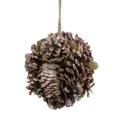 5" Glittery Copper Round Pine Cone and Leaves Hanging Christmas Ornament