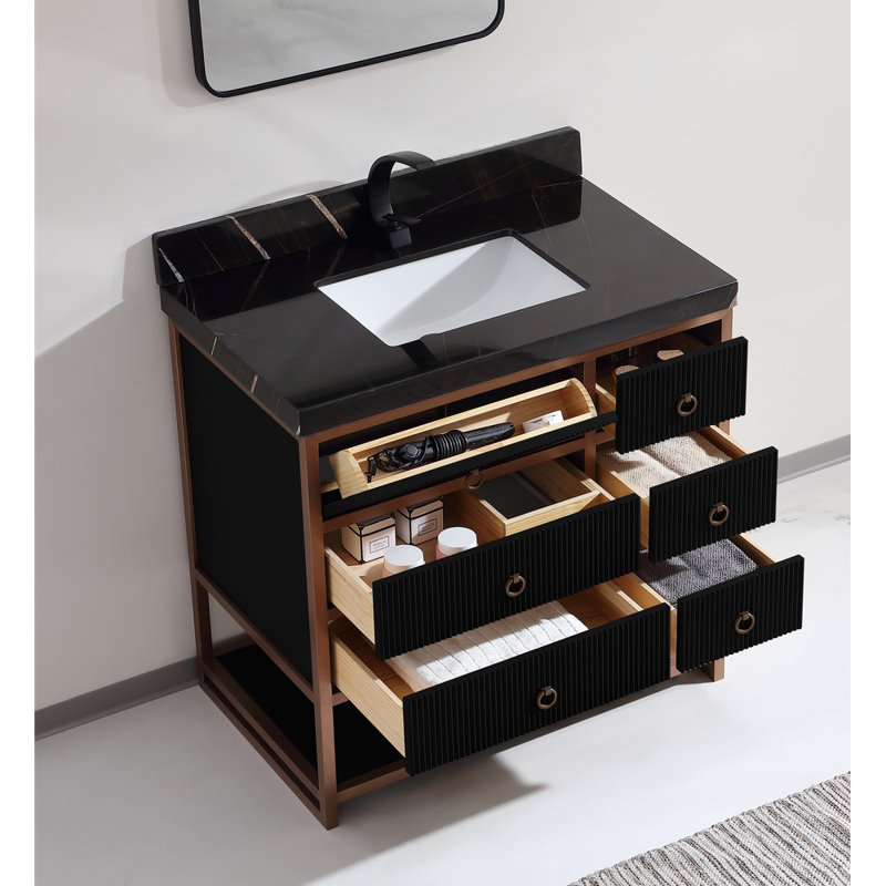 36" Freestanding Standard Single Bathroom Vanity with Top, Black