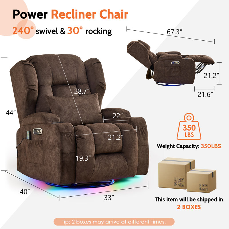 Fauteuil inclinable, berçant et pivotant à double moteur avec massage et chaleur, brun velours, 2 fauteuils, Brun