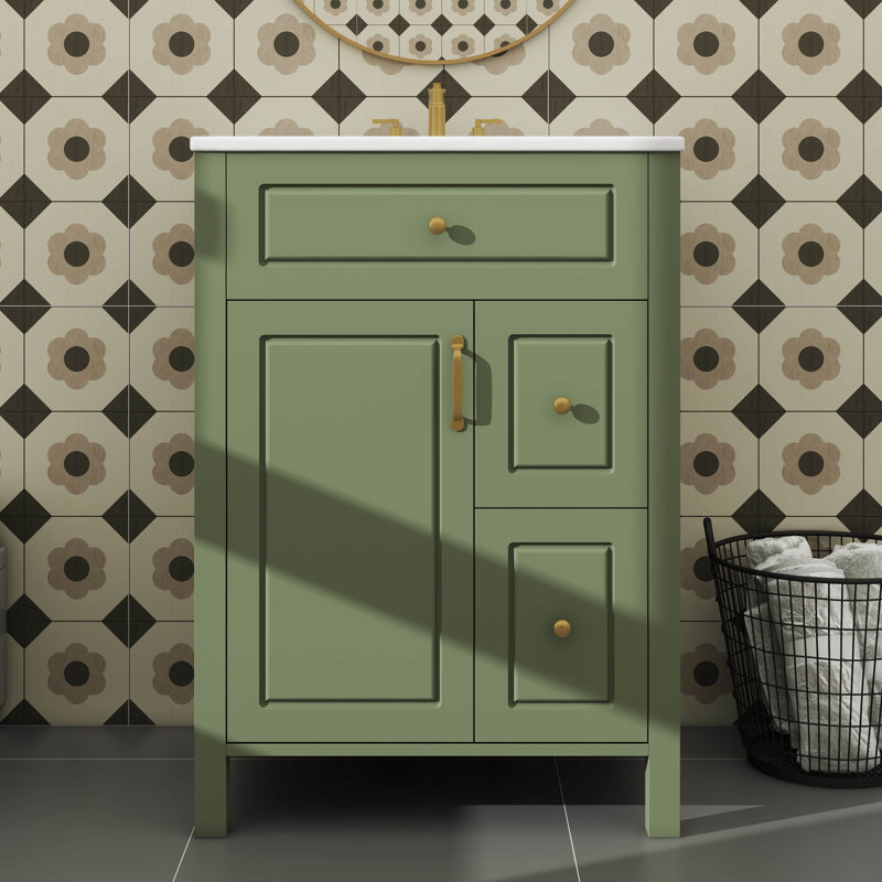 Meuble-lavabo 24 po avec lavabo en céramique, 1 porte à fermeture silencieuse et 2 tiroirs, Vert