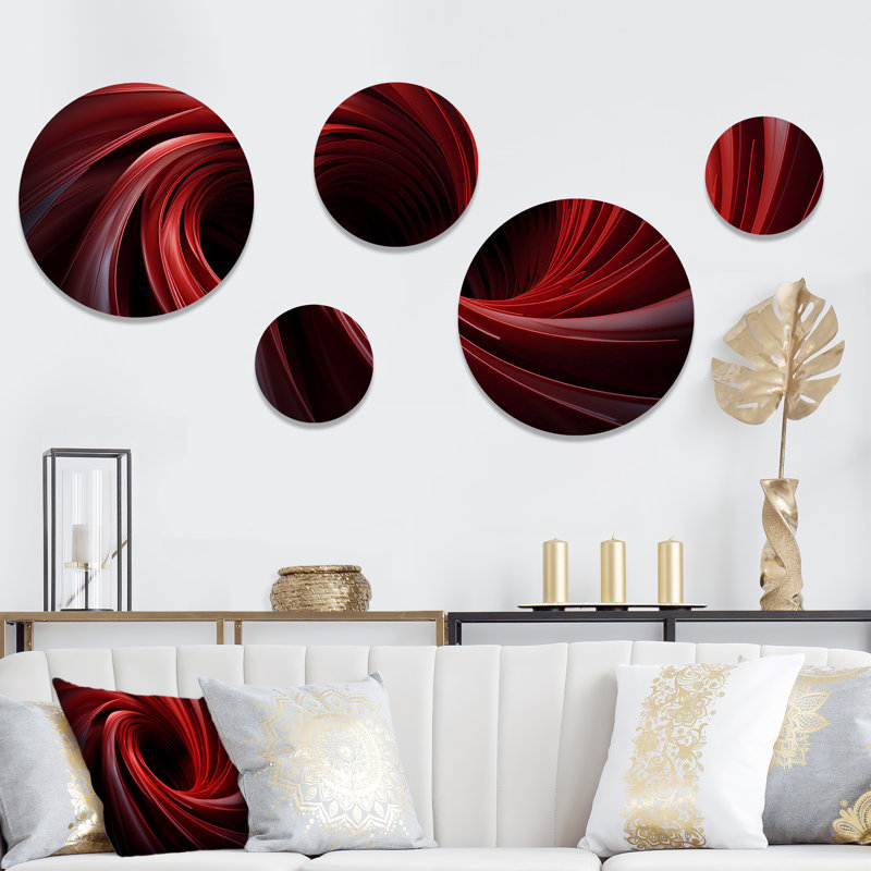 «Red Abstract Spiral Dreamscape II», ensemble d'art mural rond à spirales abstraites de 5
