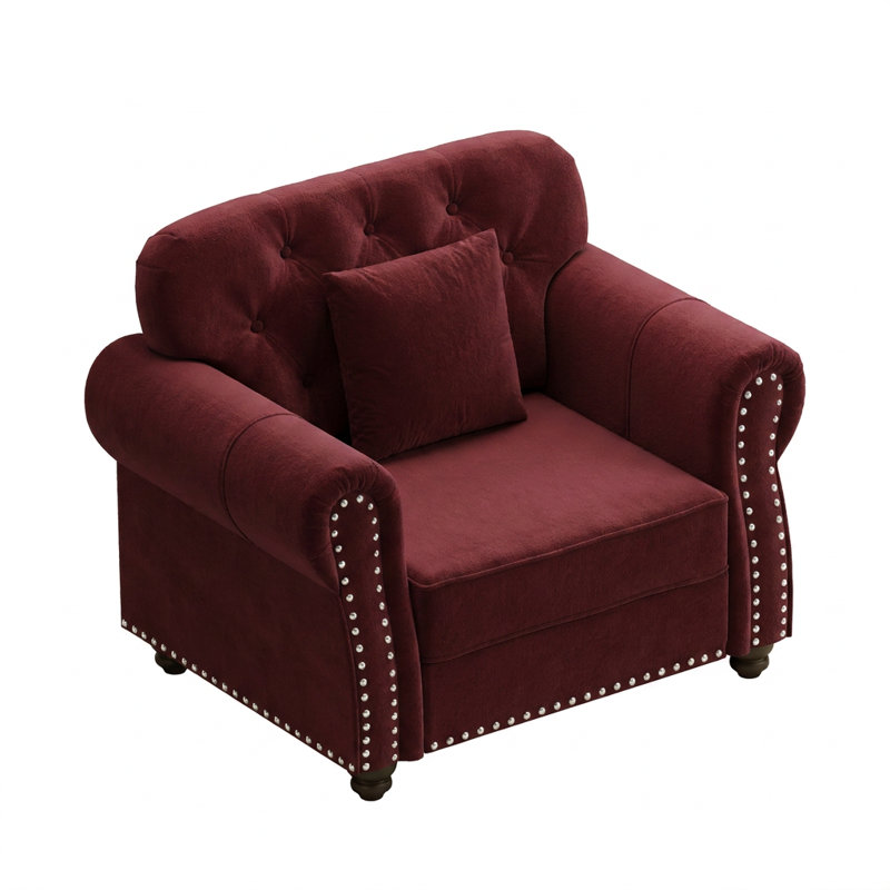 Canapé Chesterfield de style Mid-Century moderne avec garniture cloutée, capitonnage à boutons et accoudoirs roulés - Comprend un repose-pieds