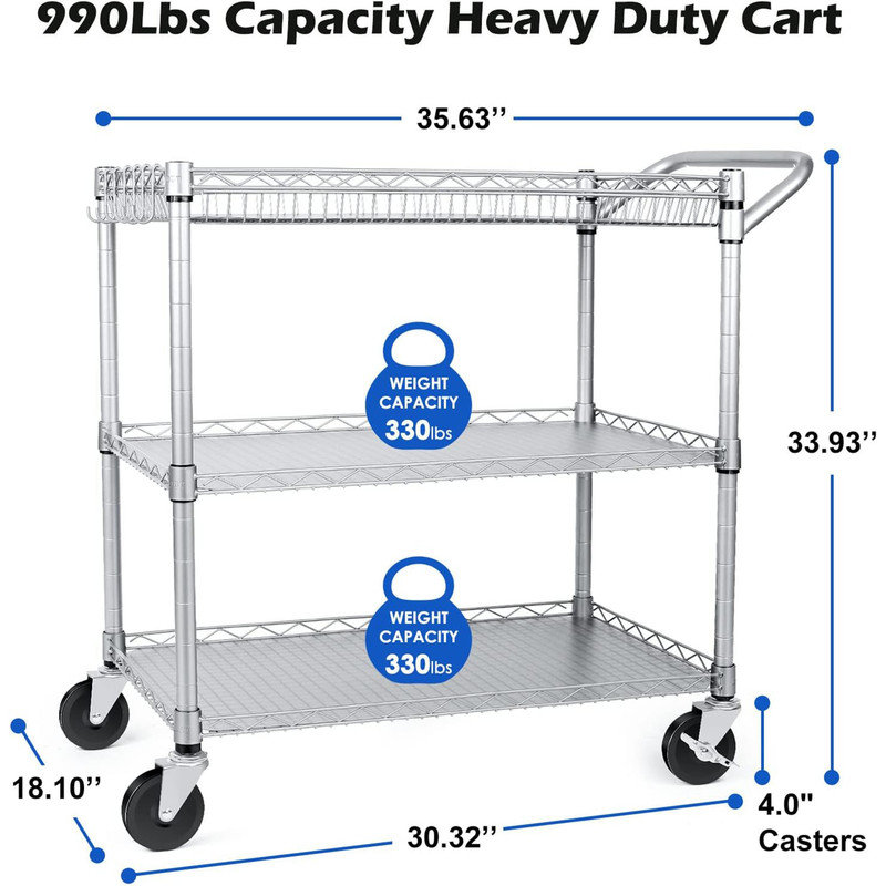 Heavy Duty Silver Metal 3-Tier Rolling Utility Cart