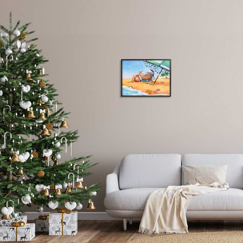 Père Noël, parasol de plage, bord de mer, Noël, encadré noir, art texturé par Steve Vanderbosch, H 16 po x l 20 po x P 1,5 po