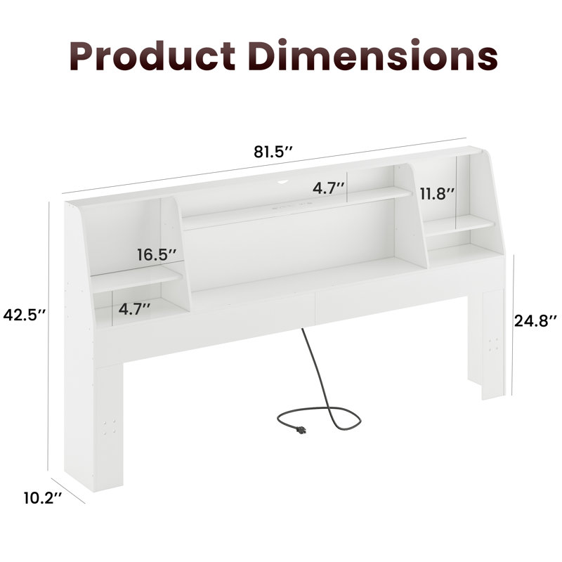 Modern Storage Headboard with LED Lights & Built-in Charging Station, Bookcase Headboard with Open Shelves for Bedroom, White