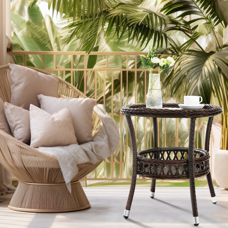 Outdoor Side Table Wicker Outdoor End Table For Patio Rattan Side Table For Outside Brown Patio Coffee Table With Storage & Glass Table Top Round For Backyard Porch