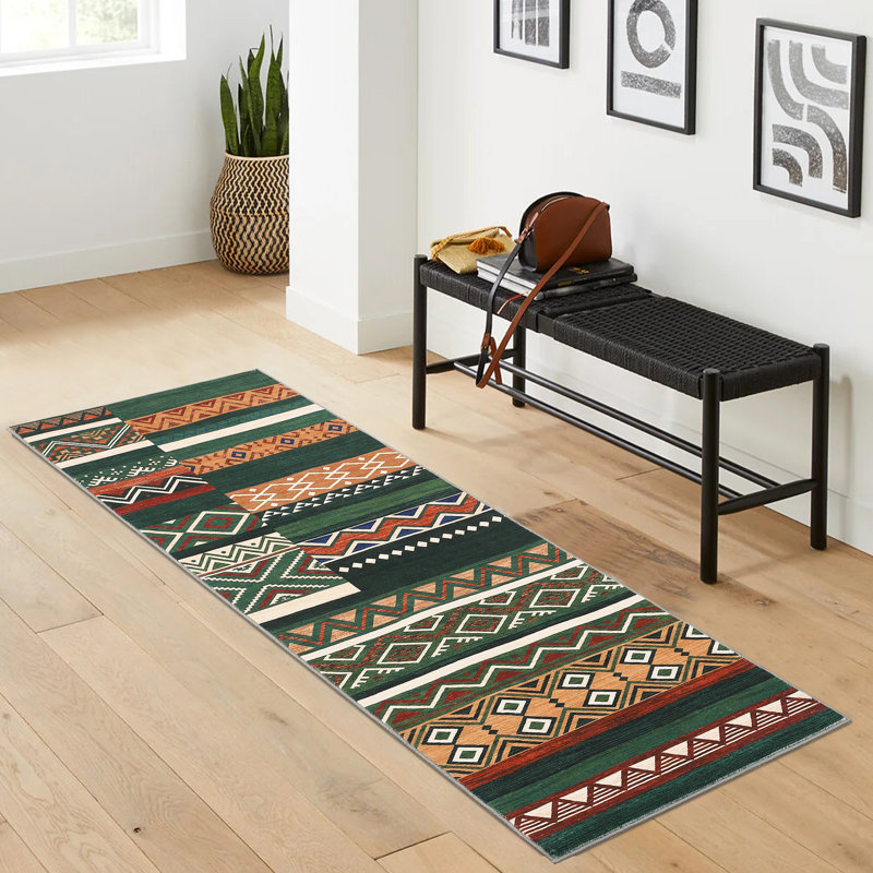 2x6 Runner Rug Washable Distressed Vintage Runner for Hallway Tribal Geometric Door Mat for Bathroom Kitchen Laundry, Non Slip Low Pile Carpet Foldable Thin Patchwork Office Rug, Green