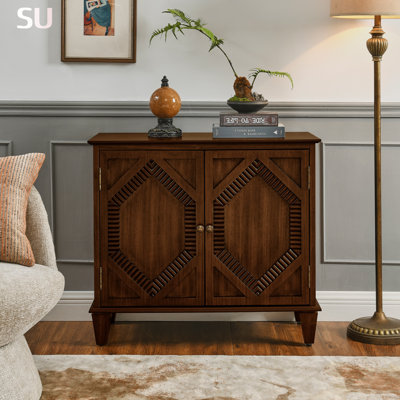 33.6 Inch Retro Wooden Sideboard Buffet Cabinet With Storage, Symmetrical Geometric Accent Display For Various Rooms