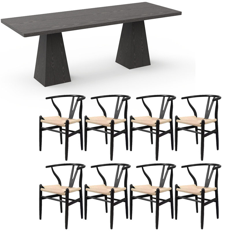 Japanese style black solid wood dining table set, 29.5"H x 86.6"L x 35.4"W