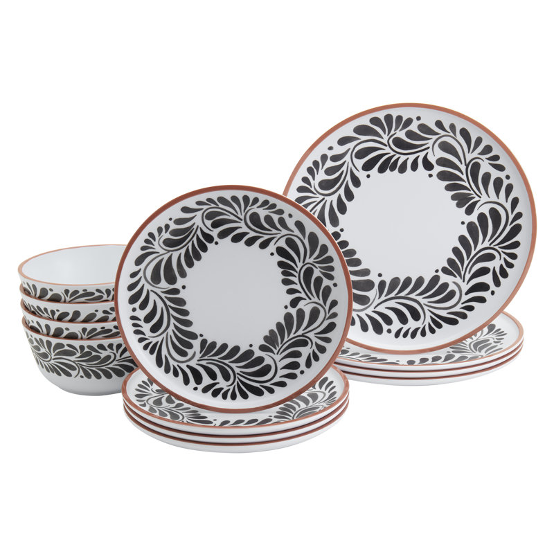 INFUSE 12-Piece Melamine Dinnerware Set, Lebrillo, Black/White