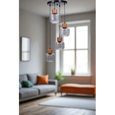 Lustre réglable élégant, finition grise et chêne, 11,8 po x 5,1 po | Corps en métal avec capuchon en verre | Max 4 x douilles E27 de 40 W | Hauteur totale: 31,5 pouces | pour la salle à manger et les espaces de vie, conception élégante
