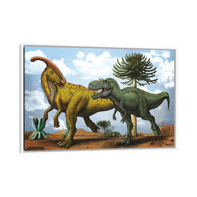 Gorgosaurus Dinosaur Chasing After a Parasaurolophus 1 Piece Floater Frame Wall Art on Canvas
