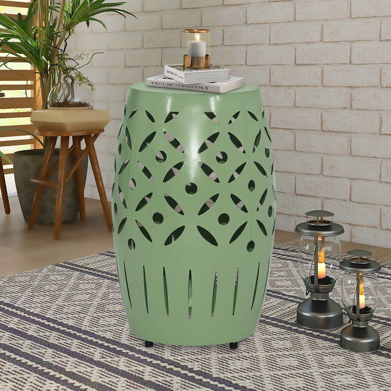 18.31" Tall Geometric Cut Iron Drum End Table, Sage