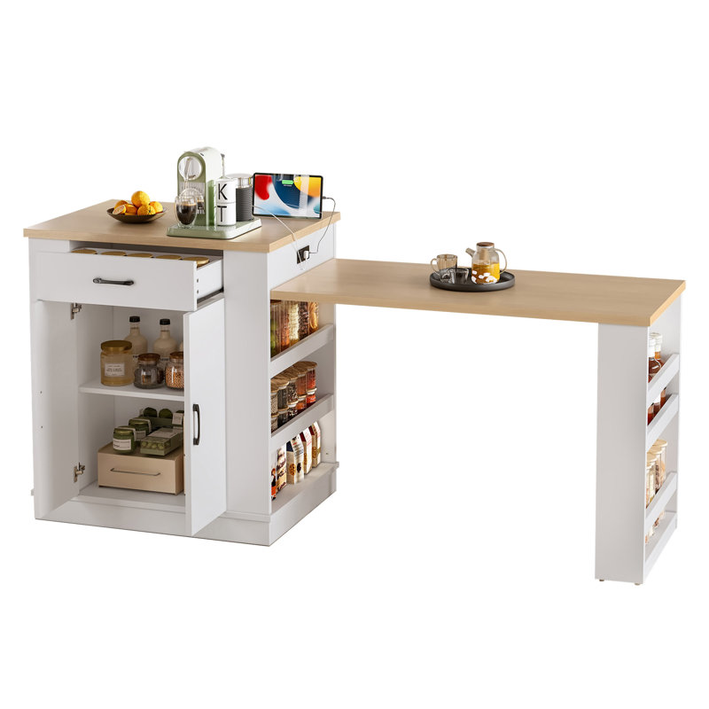 Îlot de cuisine 80,7 po avec table extensible, table de salle à manger avec tiroirs et armoire à double porte
